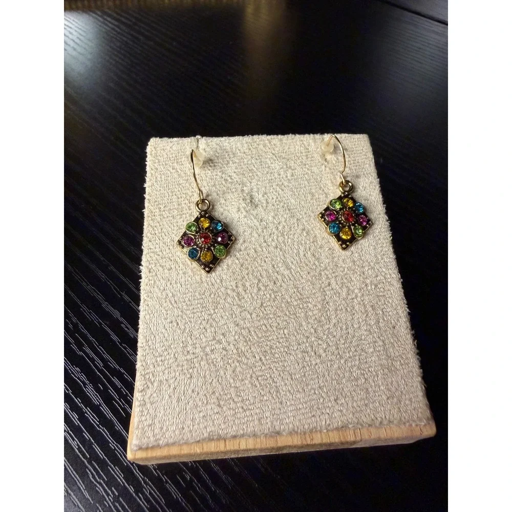 Multi-Color Rhinestone Diamond Drop Earrings Antiqued Gold Tone Boho Style